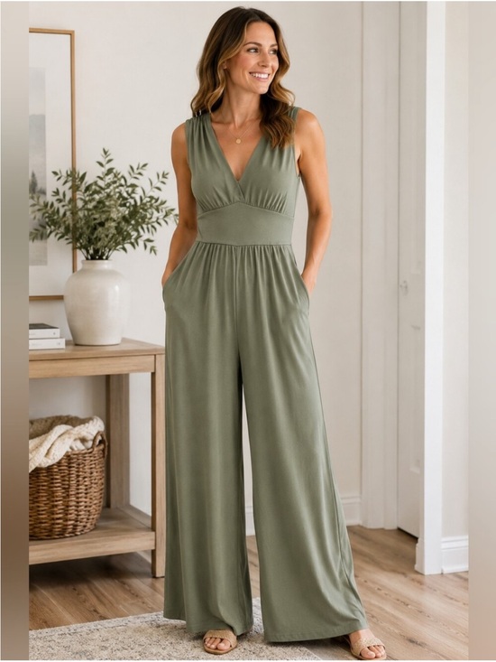 HALARA Pants - Halara VNeck Wide Leg Green Jumpsuit Sz Large
